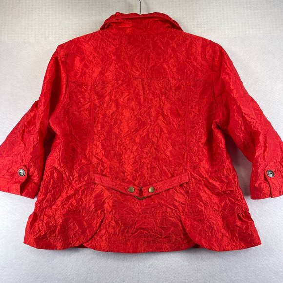 CHICOS Womens L Red Crinkle Jacket Button Up Zip Pockets Lightweight 3/4 Sleeves - Picture 7 of 11